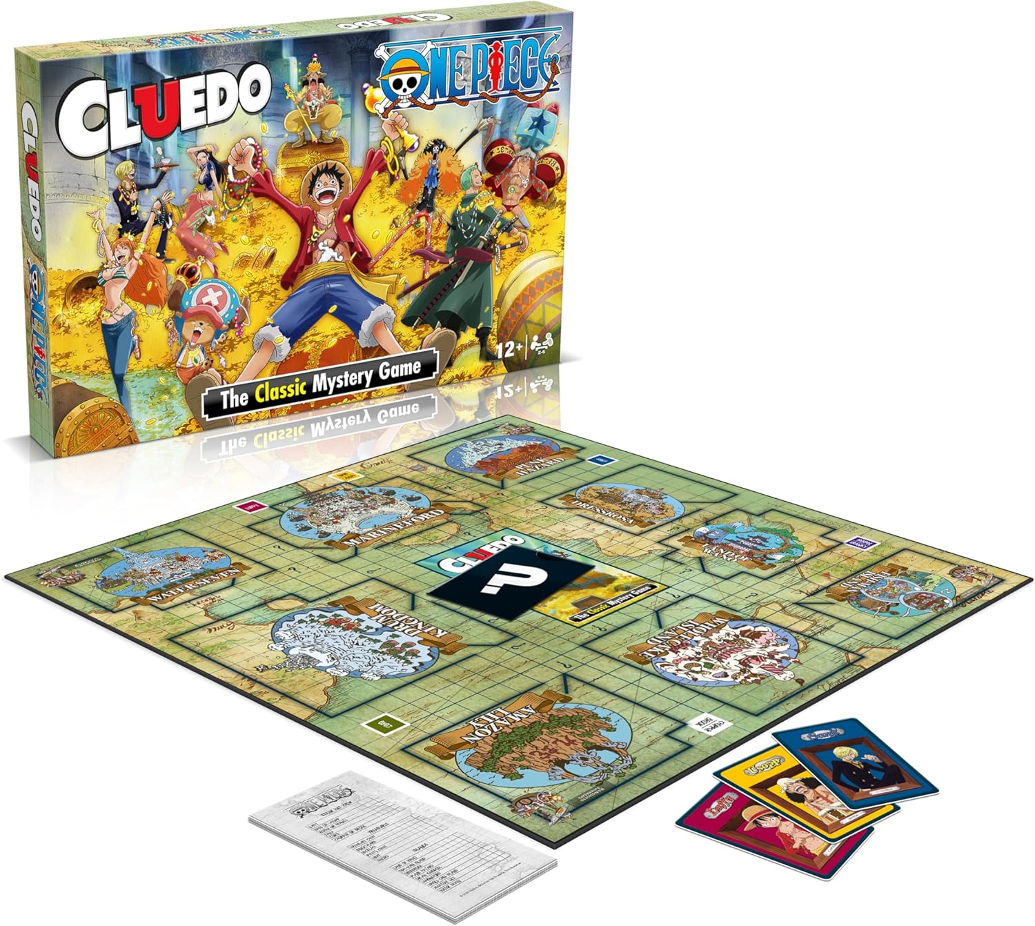 Cluedo board game with One Piece-themed packaging on a white background