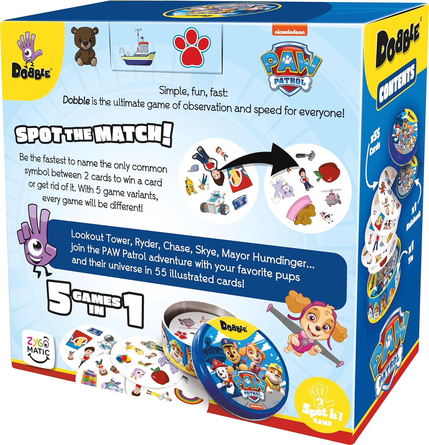 Dobble Paw Patrol card game packaging with colorful design and game instructions.