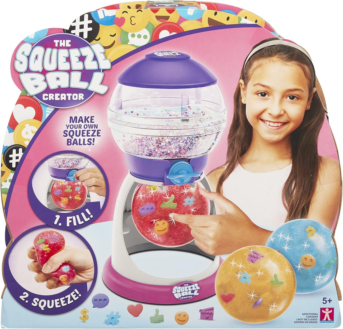 Squeeze Ball Creator toy set with a girl holding a filled ball, surrounded by colorful packaging.