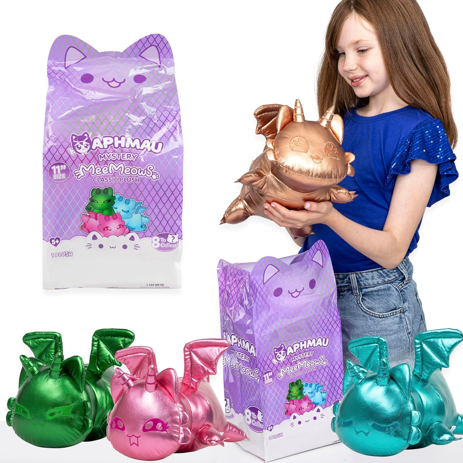 Girl holding a metallic gold creature toy with Aphmau packaging and other colorful toys on a white background