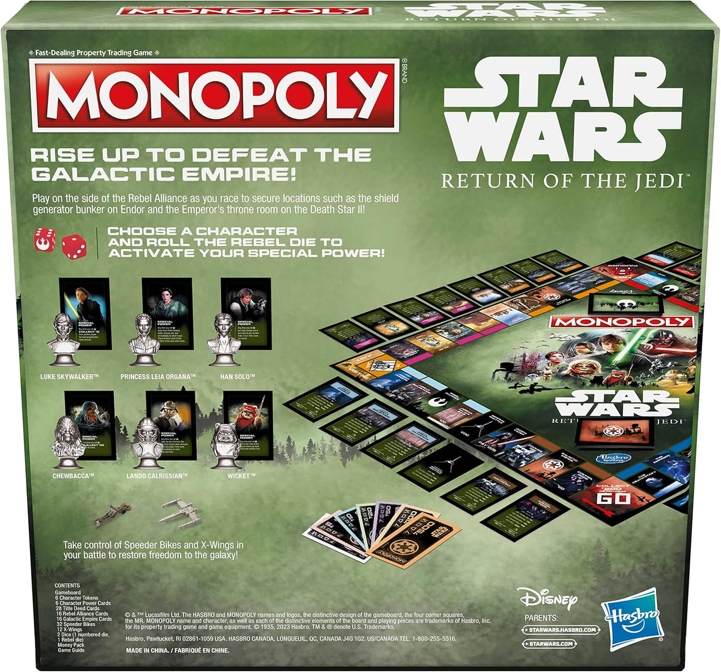 Monopoly board game box featuring Star Wars Return of the Jedi edition on a green background