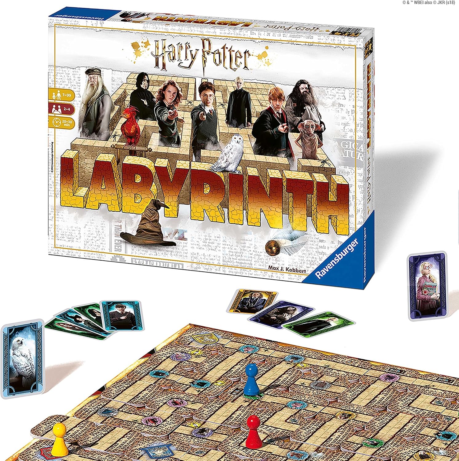 Harry Potter Labyrinth board game with packaging and pieces on a white background