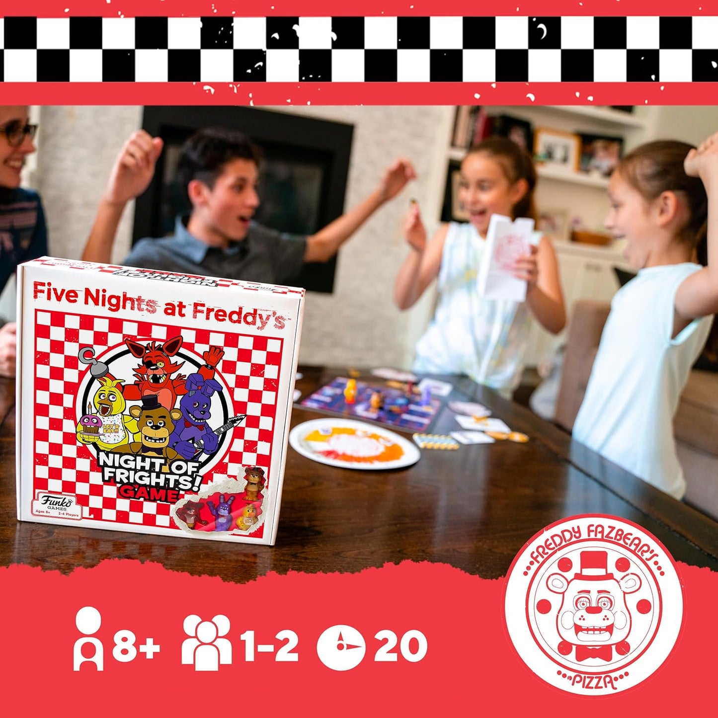 Board game box for 'Five Nights at Freddy's' with children playing around it.