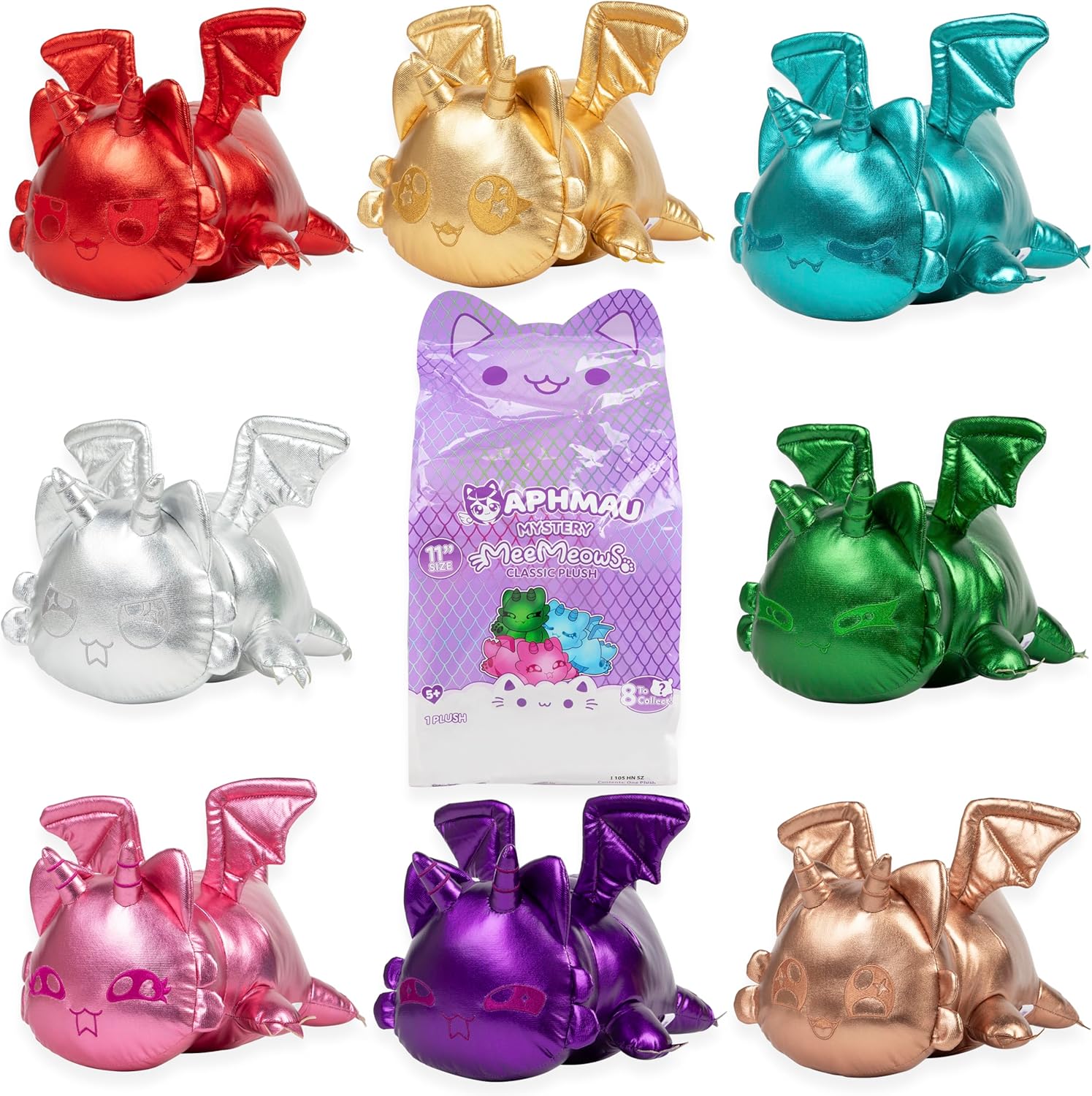 Set of colorful dragon-shaped toys with a purple packaging in the center on a white background