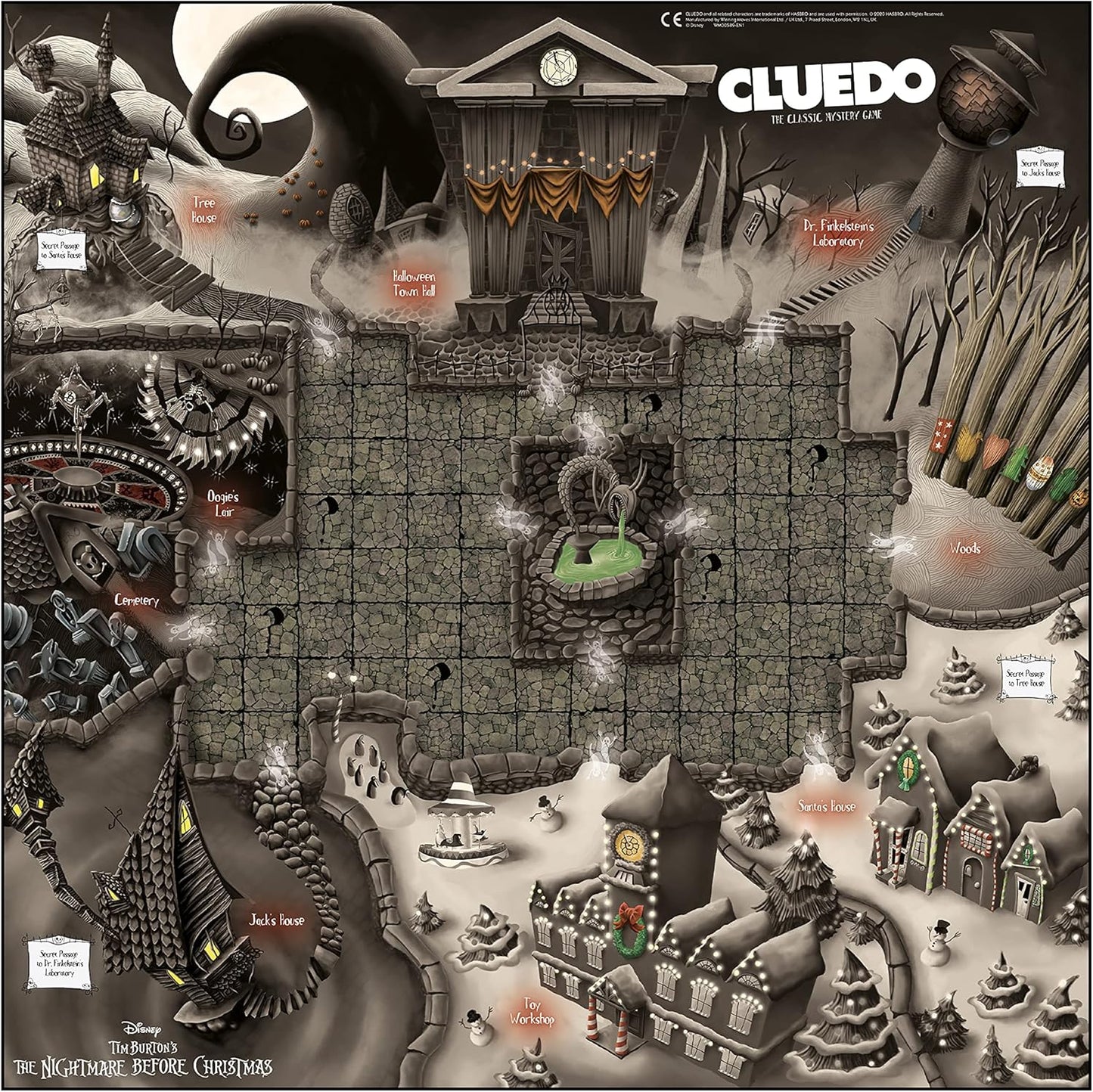 Cluedo game board with 'The Nightmare Before Christmas' theme, featuring a haunted mansion and festive decorations.