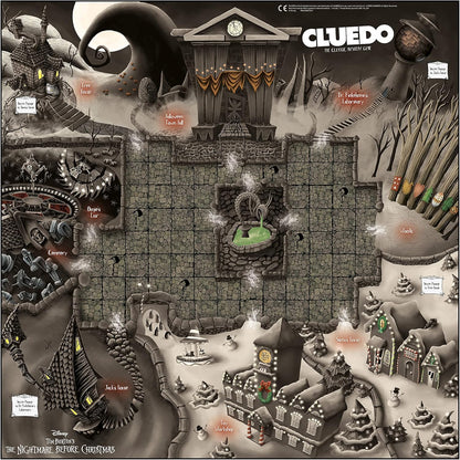 Cluedo game board with 'The Nightmare Before Christmas' theme, featuring a haunted mansion and festive decorations.
