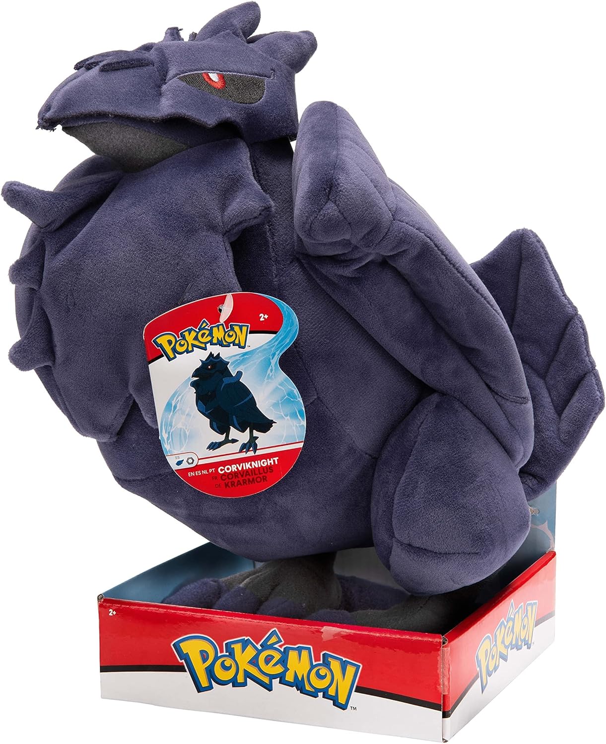 Pokémon Corviknight plush toy with packaging on a white background