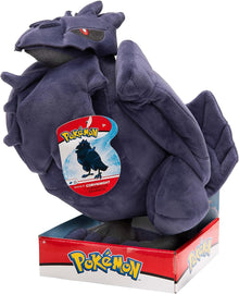 Pokémon Corviknight plush toy with packaging on a white background