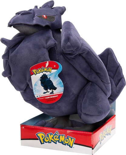 Pokémon Corviknight plush toy with packaging on a white background