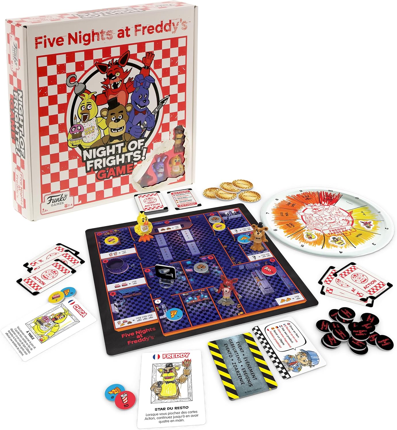Five Nights at Freddy's board game set with components and packaging on a white background