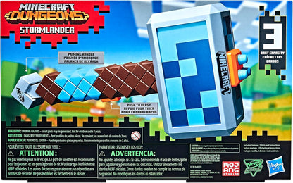 Minecraft Dungeons Stormlander toy figure packaging with colorful graphics and text.