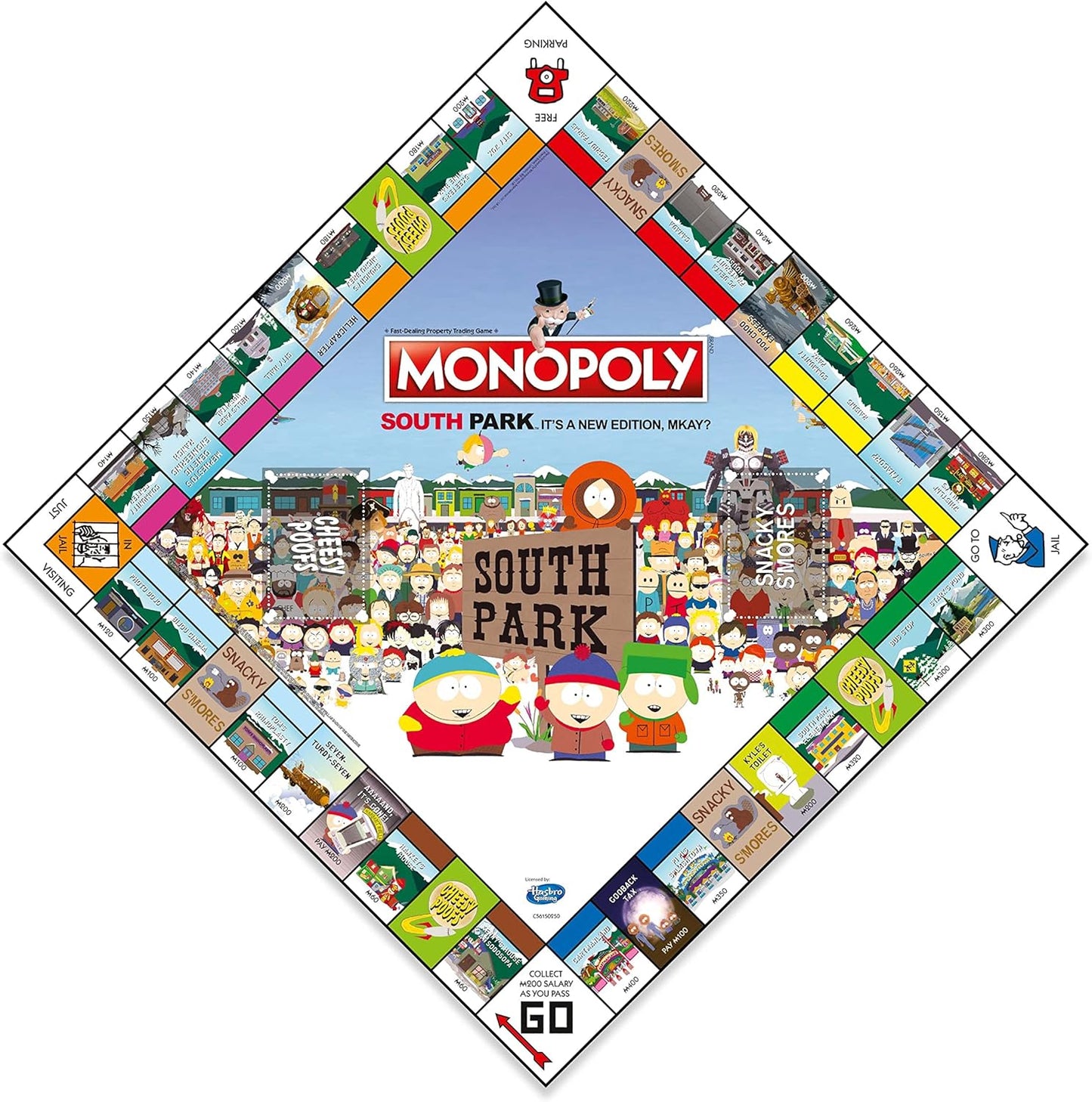 South Park-themed Monopoly board game with colorful design and characters.