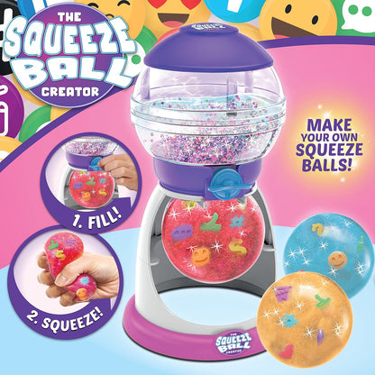 Squeeze Ball Creator toy with colorful balls and step-by-step instructions on a vibrant background