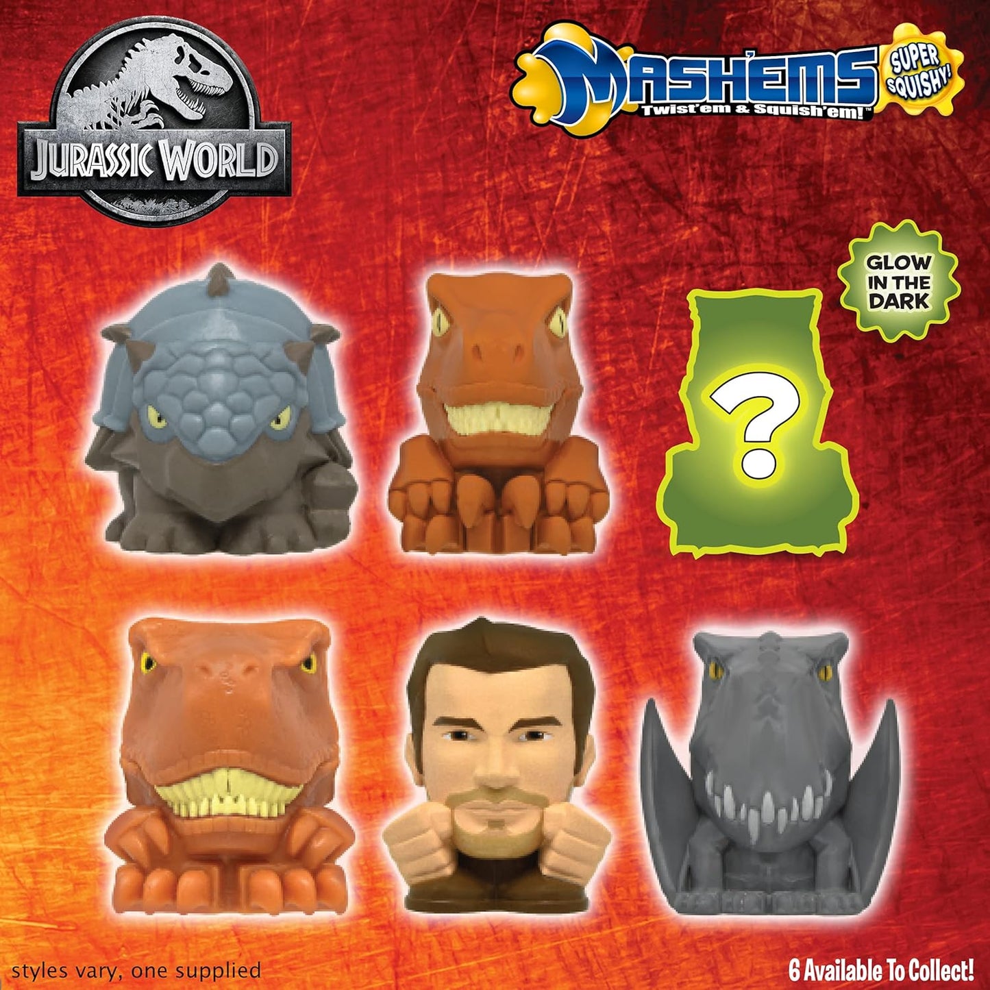 Jurassic World Mashems toy figures on a red background with 'Glow in the Dark' feature.