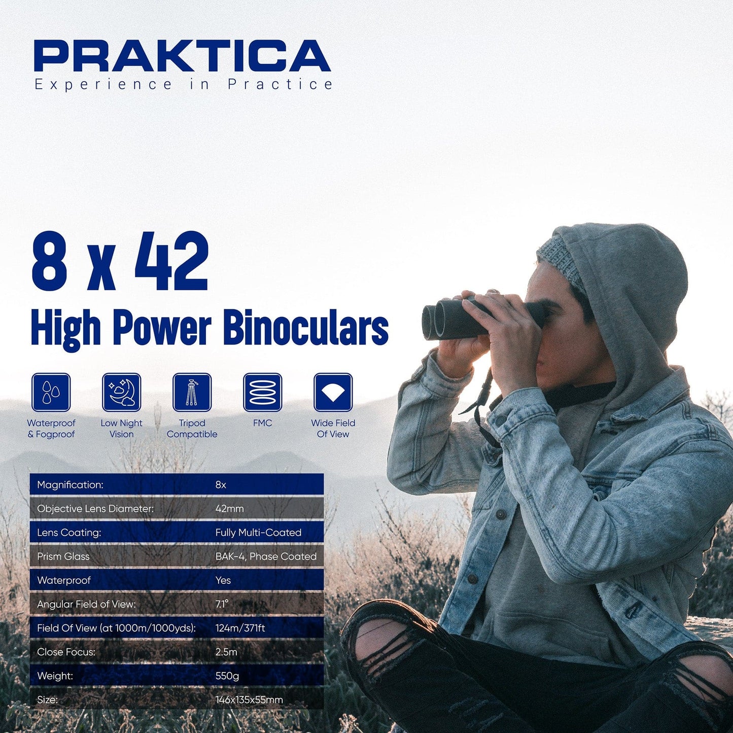 PRAKTICA Pioneer R 8x42mm Binoculars - Blue