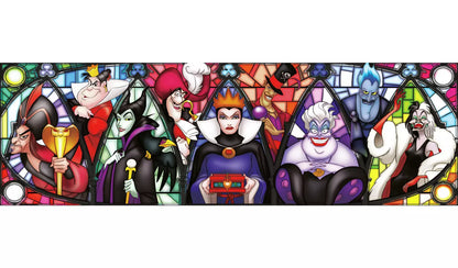 Stylized illustration of various villains from Disney in a stained glass window design.