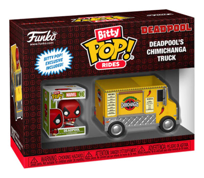 Funko Bitty Pop! Rides packaging with Deadpool figurine and chimichanga truck