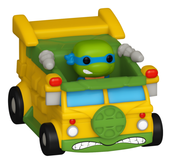 Toy figure of a turtle in a yellow truck with a blue bandana on a white background