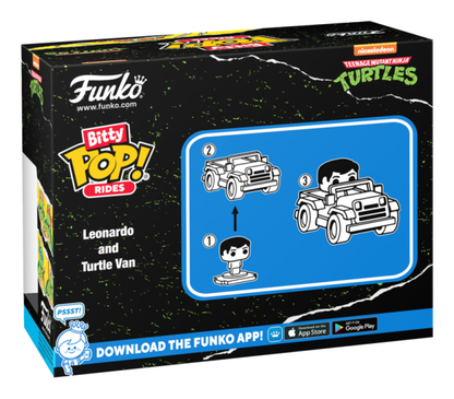 Funko Bitty Pop! Rides packaging with Leonardo and Turtle Van illustration