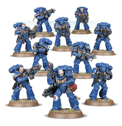 Collection of blue-armored figurines on a white background