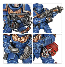 Four quadrants of a detailed action figure with blue armor and weapons.