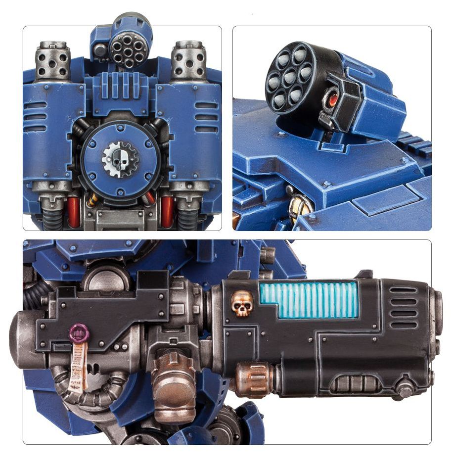 Close-up details of a blue and gray mechanical model with intricate design elements.