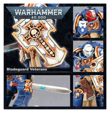 Warhammer 40,000 Bladeguard Veterans figurine set with detailed packaging.