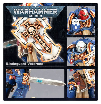 Warhammer 40,000 Bladeguard Veterans figurine set with detailed packaging.