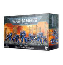 Warhammer 40,000 Space Marines Primaris Intercessors miniatures box on a white background