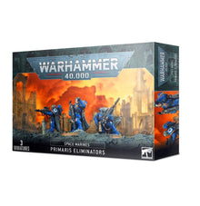Warhammer 40,000 Space Marines Primaris Eliminators toy box with fiery background