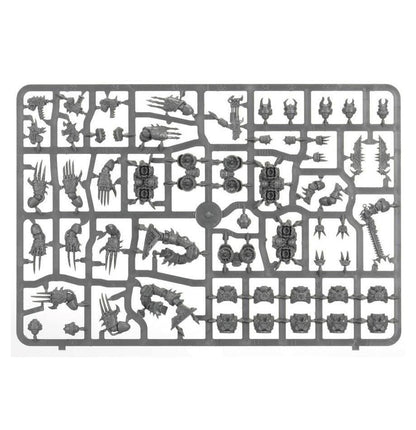 Plastic model kit tray with various small figures and parts on a white background