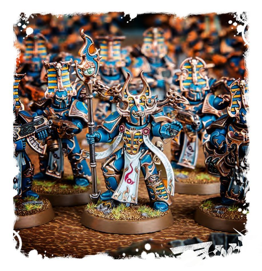 Decorative image of fantasy warrior figurines with detailed armor and weapons on a textured background.
