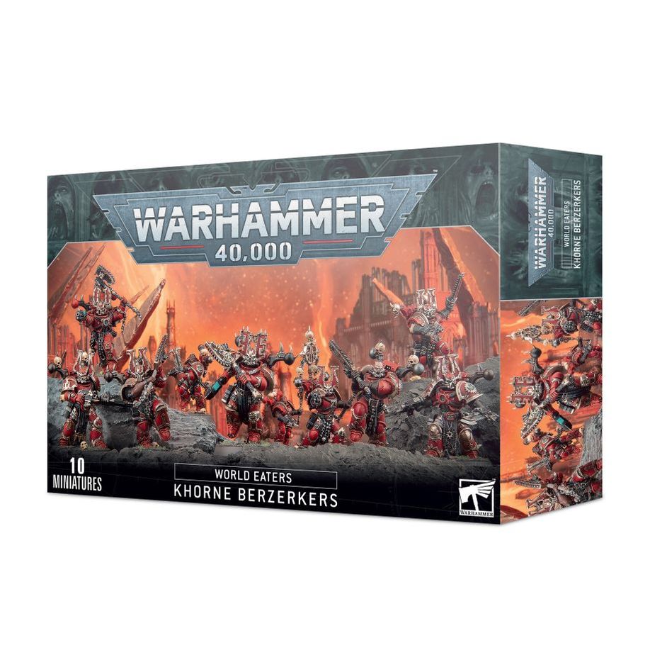 Warhammer 40,000 game box featuring World Eaters Khorne Berzerkers on a white background