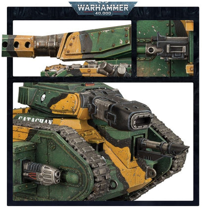 Model of a tank with 'Warhammer 40,000' branding on a white background