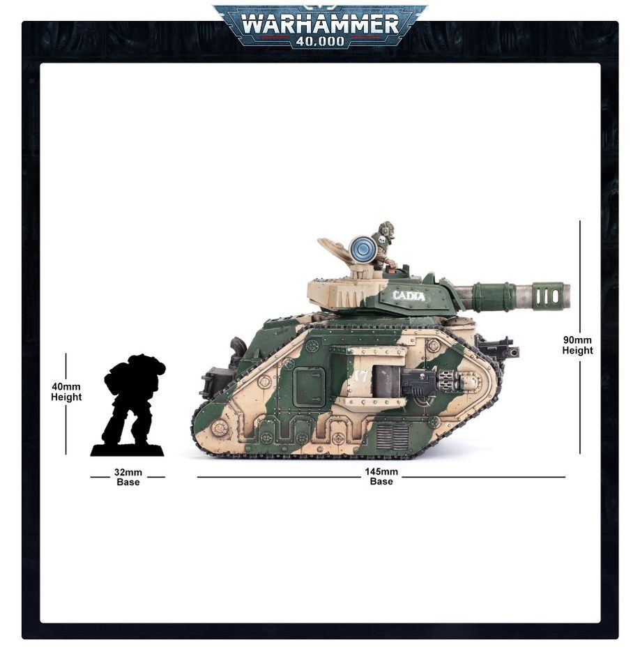 Toy tank model with scale dimensions on a Warhammer 40,000 branded background
