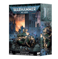 Warhammer 40,000 Leman Russ Battle Tank miniature packaging with a dystopian landscape.