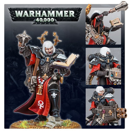 Warhammer 40,000 figurine with detailed armor and weapons on a dark background