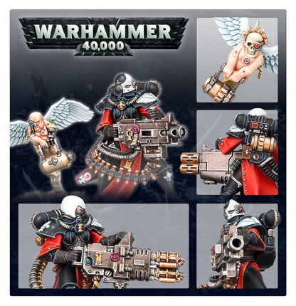 Warhammer 40,000 figurines with detailed armor and weapons on a dark background.