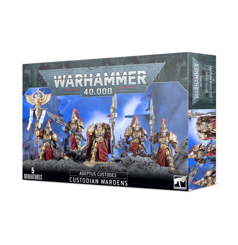 Warhammer 40,000 game box with Custodian Wardens miniatures on a white background