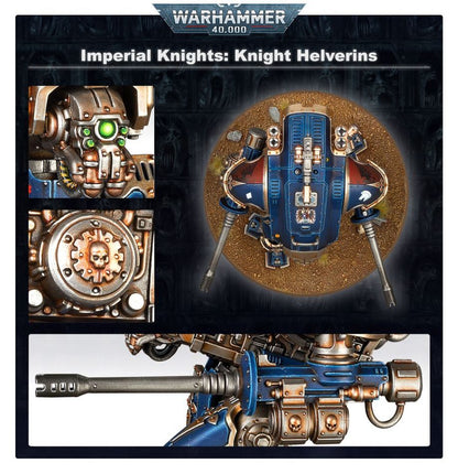 Warhammer 40,000 Imperial Knights Knight Helverins model kit packaging with detailed views.
