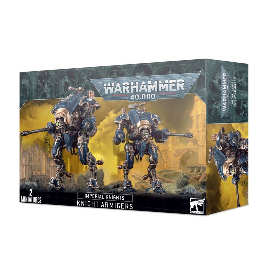 Warhammer 40,000 Imperial Knights Knight Armigers toy set packaging on a white background