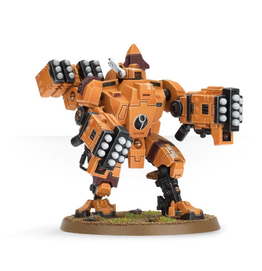 Orange and black robot-like figure on a white background