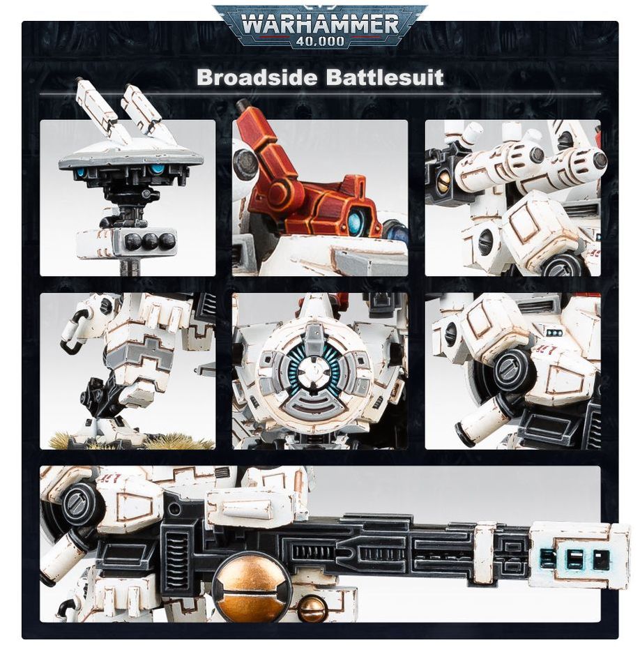 Warhammer 40,000 Broadside Battlesuit display with various parts and assembly instructions.