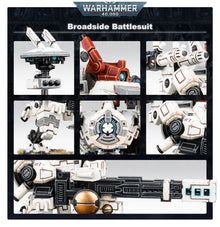Warhammer 40,000 Broadside Battlesuit display with various parts and assembly instructions.