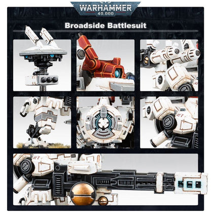 Warhammer 40,000 Broadside Battlesuit display with various parts and assembly instructions.