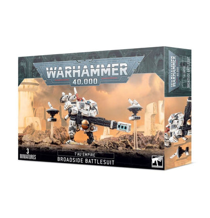 Warhammer 40,000 game box with T u Empire Broadside Battlesuit on a desert landscape background