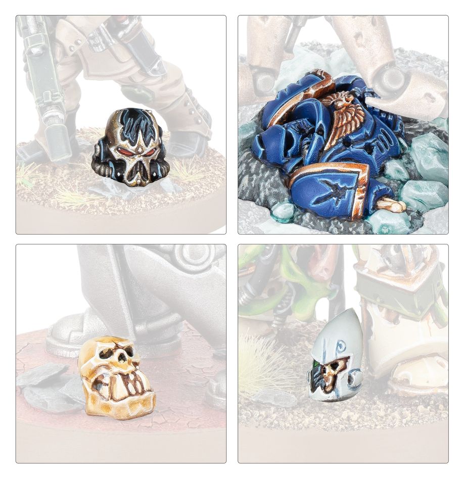 Collage of four decorative items including a skull, a blue decorative piece with wings, a gold skull, and a white decorative item.