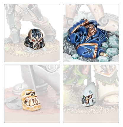 Collage of four decorative items including a skull, a blue decorative piece with wings, a gold skull, and a white decorative item.