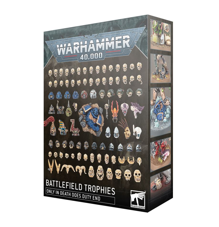 Warhammer 40,000 Battlefield Trophies box with miniature figures on a white background
