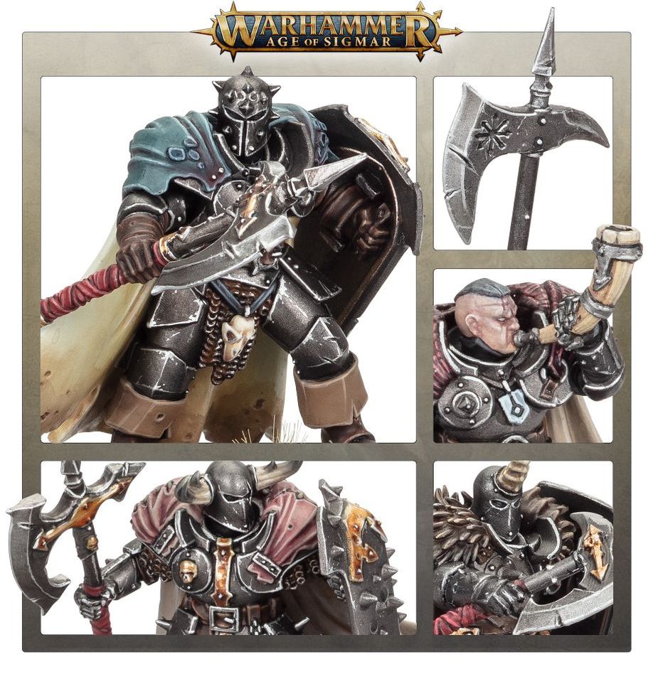 Collage of Warhammer Age of Sigmar figurines with detailed armor and weapons.